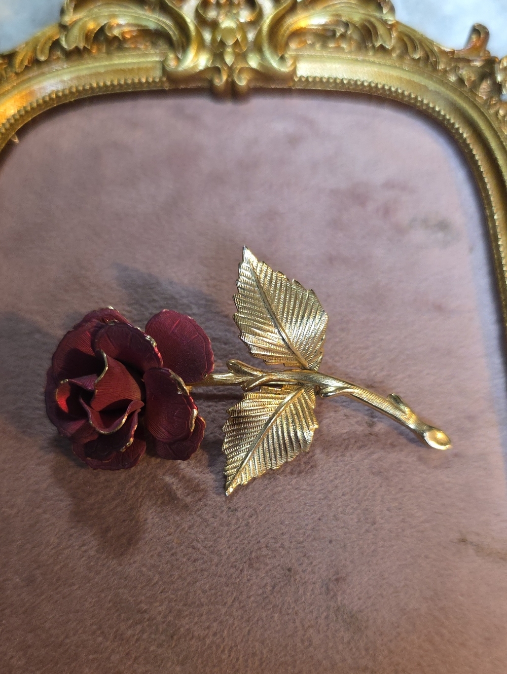 Vintage 3D Red Enamel Rose & Gold Stem Brooch